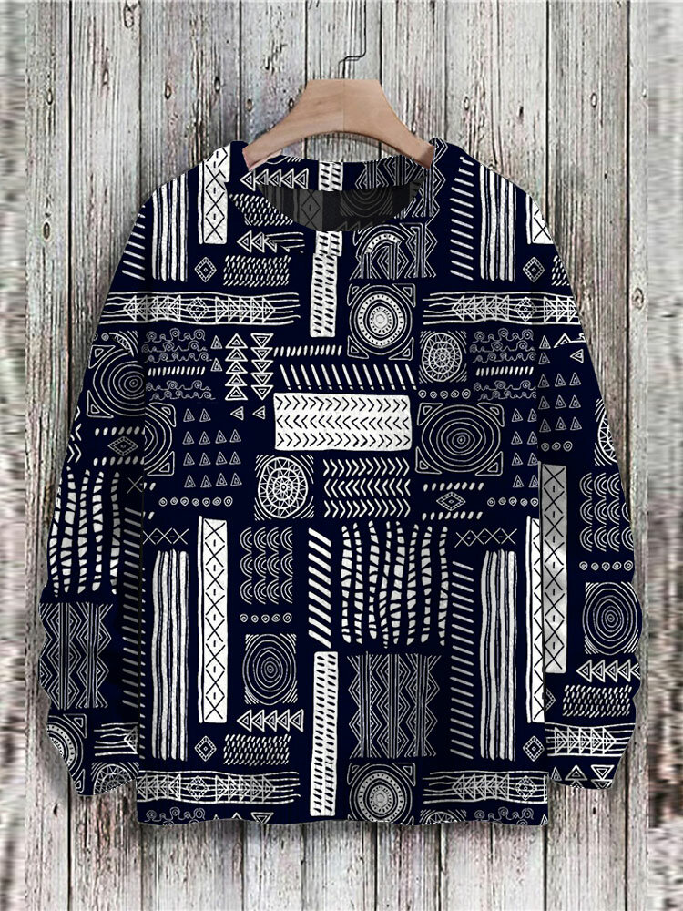 Mens Monochrome Geometric Print Crew Neck Casual Pullover Sweatshirts Winter