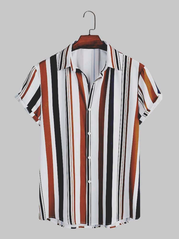 Mens Vertical Striped Lapel Casual Short Sleeve Shirts