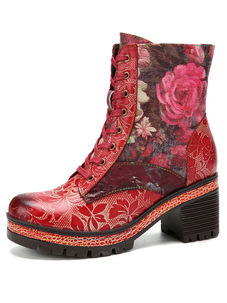 Socofy Retro Floral Print Leather Patchwork Side-zip Comfy Warm Lining Chunky Heel Short Boots