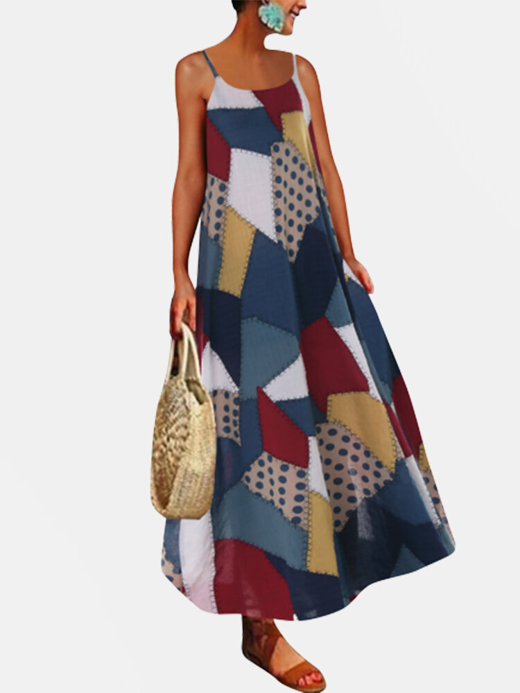 Vintage Geometric Print Sling Zip Maxi Dress For Women
