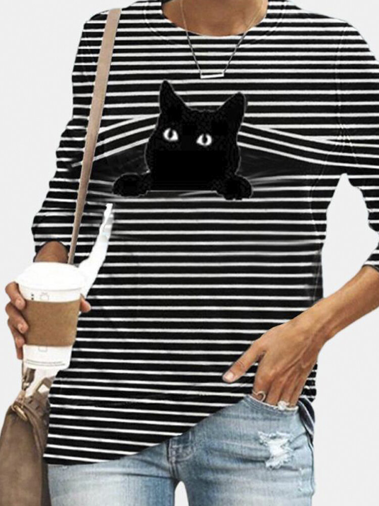 Black Cat Print Long Sleeves O-neck Striped Casual T-shirt For Women