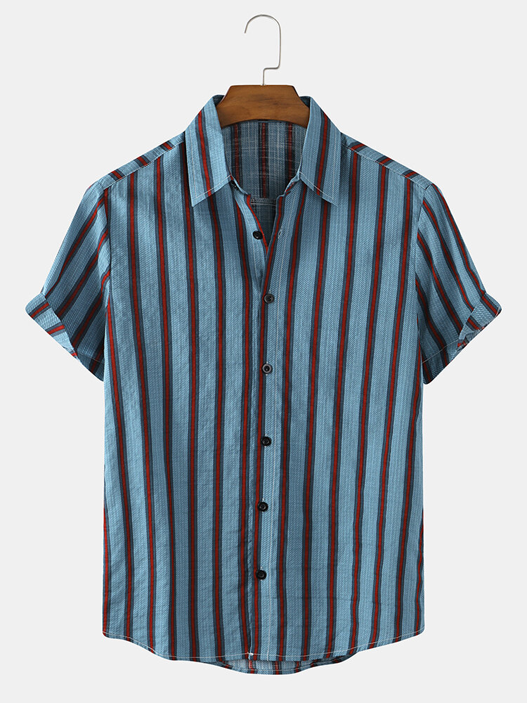 Mens Striped Cotton Breathable Casual Short Sleeve Shirts