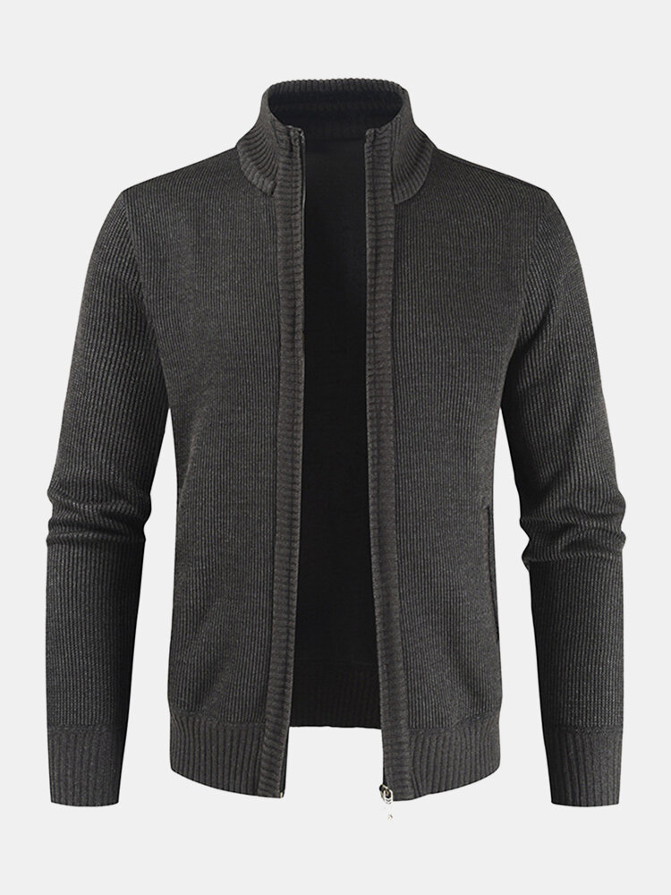 Mens Ribbed Knit Zip Front Stand Collar Cotton Solid Slant Pocket Cardigans