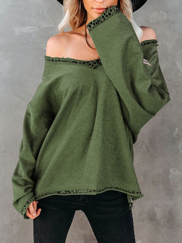 Leopard Stitch Long Sleeve V-neck Loose Women T-shirt