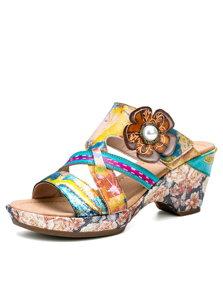 Socofy Genuine Leather Casual Bohemian Ethnic Three-dimensional Flower Contrast Color Comfy Heeled Sandals