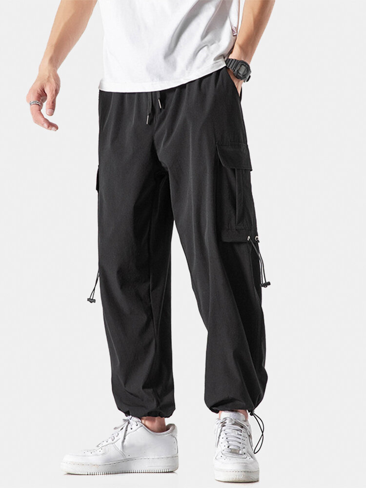 Mens Solid Cargo Style Drawstring Cuff Pants With Flap Pocket