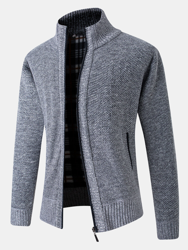Mens Rib-Knit Zip Front Stand Collar Casual Cotton Cardigans With Pocket