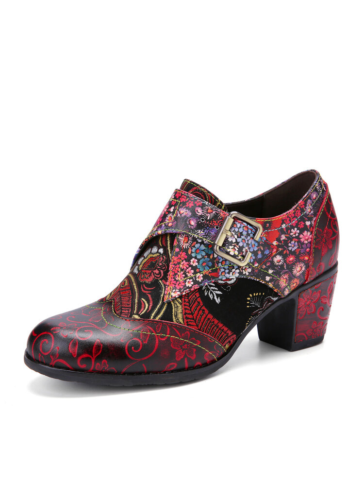 Socofy Retro Jacquard Design Floral Print Leather Patchwork Metal Buckle Chunky Heel Pumps