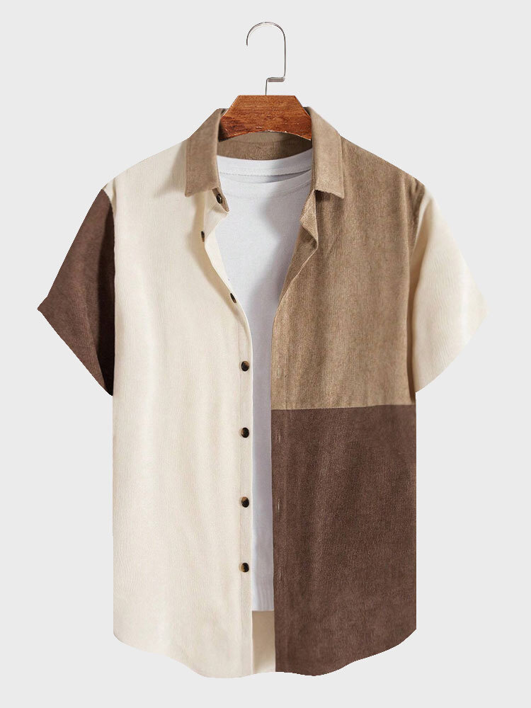 Mens Color Block Patchwork Lapel Collar Short Sleeves Shirts