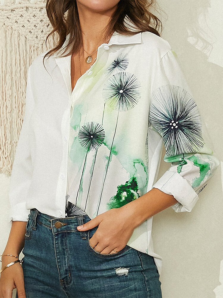 Calico Print Lapel Long Sleeve Button Casual Shirt For Women