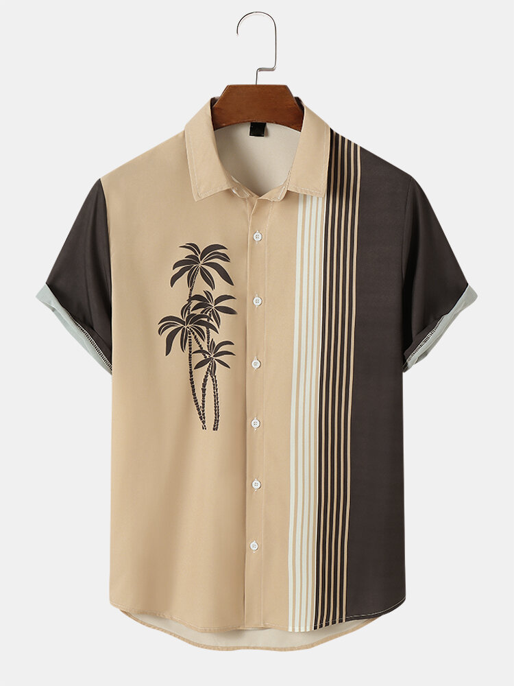 Mens Palm Tree Contrast Striped Print Holiday Short Sleeve Shirts