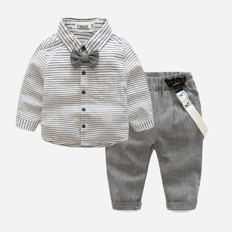 

Baby Striped Bow Tie Long Sleeves Casual Shirt+Overall for 6-24M, Gray