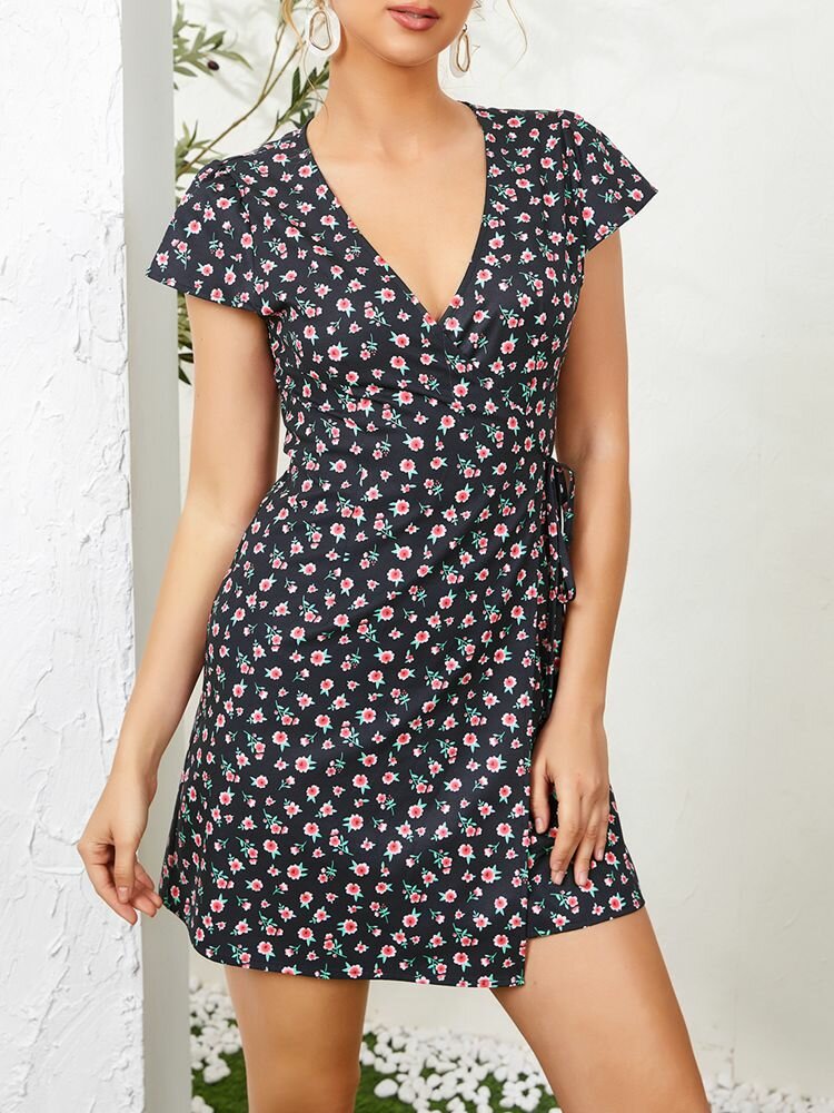 Women Holiday Short Sleeve V-neck Knotted Floral Print Dress