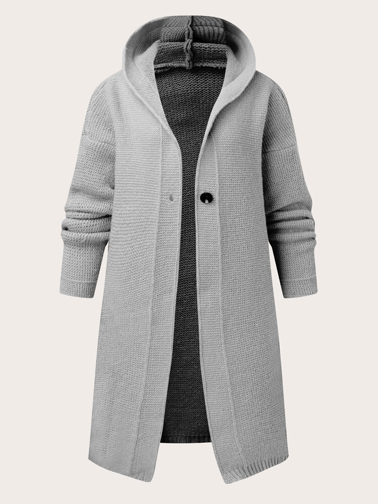 Plus Size Solid Button Knitted Button Hooded Cardigan