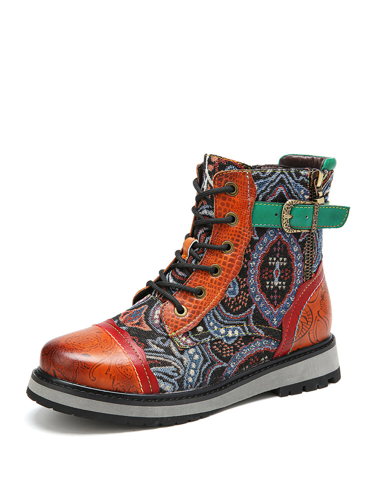 SOCOFY Retro Round Toe Floral Embossed Leather Lace-up Zipper Casual Flat Short Boots