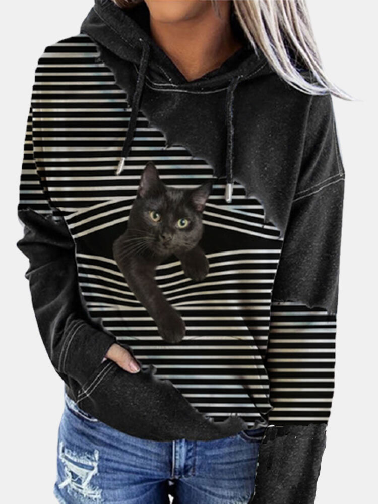 Black Cat Print Patchwork Striped Long Sleeve Plus Size Hooded T-shirt