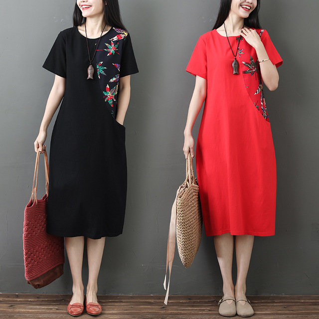 New National Wind Cotton And Linen Loose Large Size Short-sleeved Dress Print Stitching Long Skirt