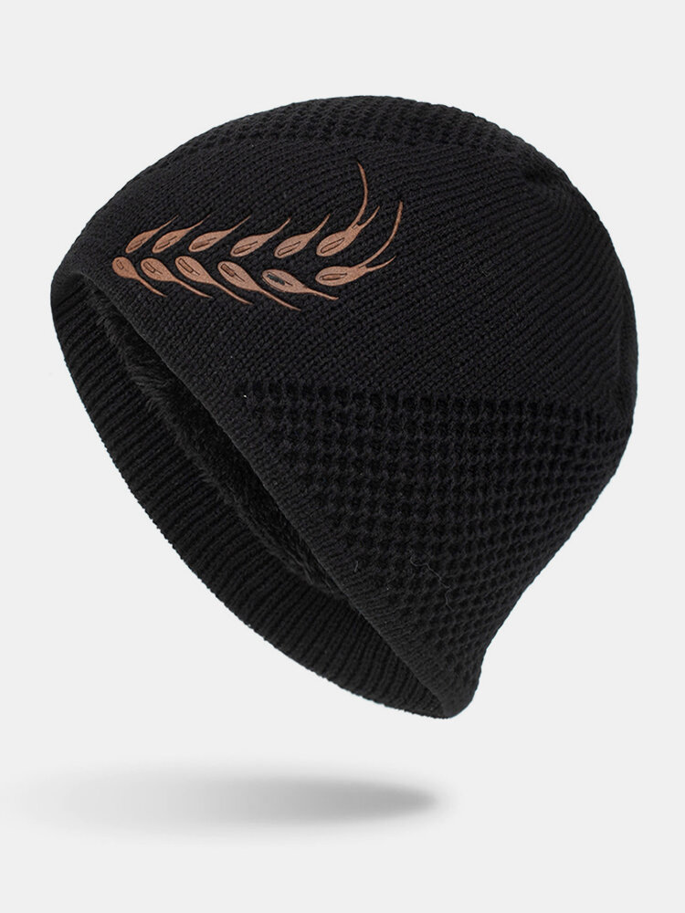Men Winter Knitted Plus Velvet Jacquard Embossed Wheat Ears Outdoor Casual Warmth Beanie Hat