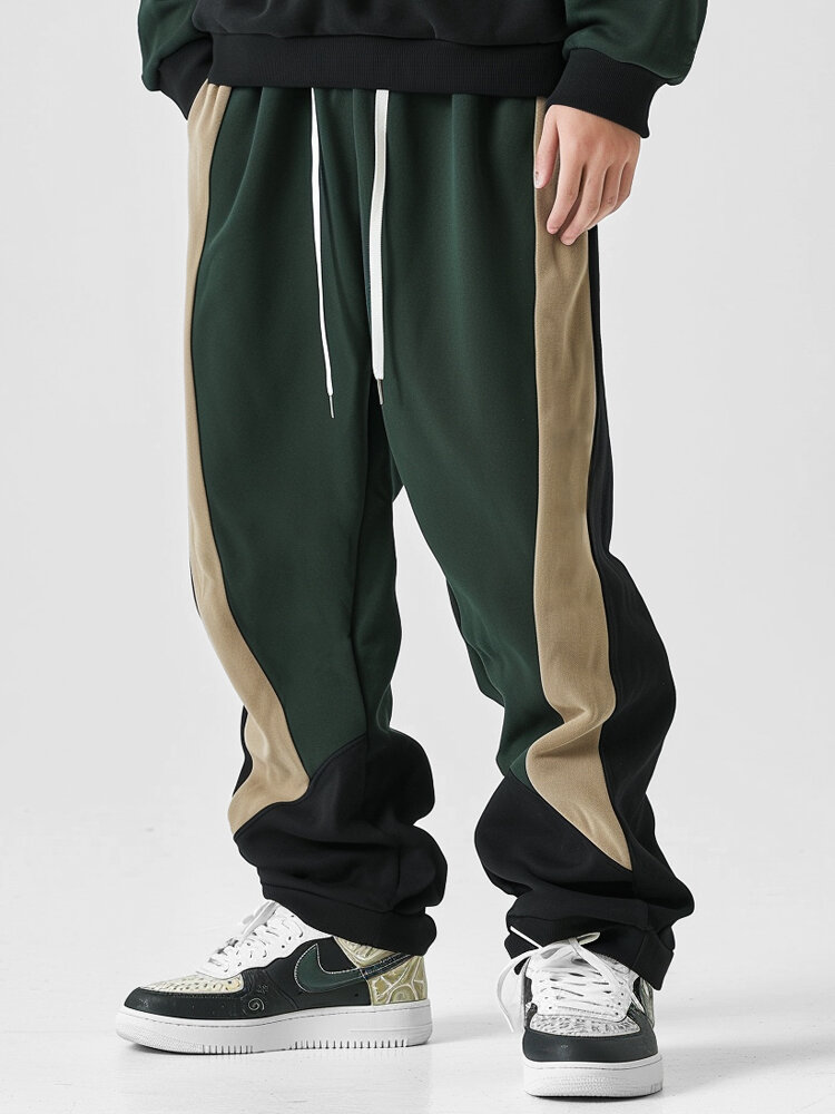 

Mens Side Stripe Patchwork Drawstring Waist Casual Straight Pants, Dark green