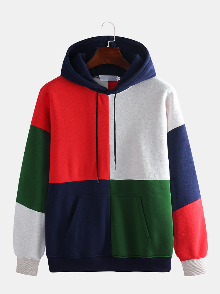 Mens Patchwork Contrast Color Muff Pockets Drawstring Hoodies