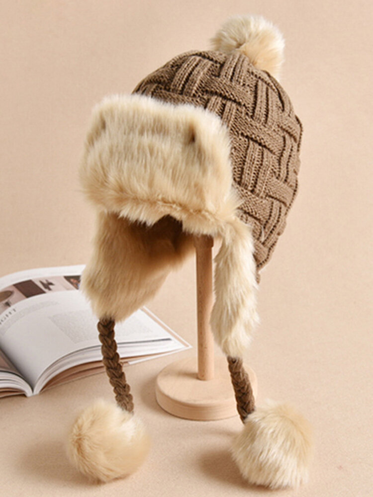 Women Winter Warm Plus Plush Knitted Beanies Hat With Earflaps LeiFeng Caps Trapper Hats от Newchic WW