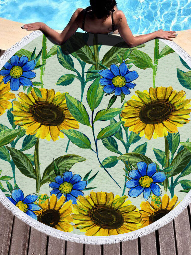 

Sunflower Round Beach Towel Blanket Hawaii Hawaiian Tropical Large Microfiber Terry Beach Roundie Palm Circle Picnic Car