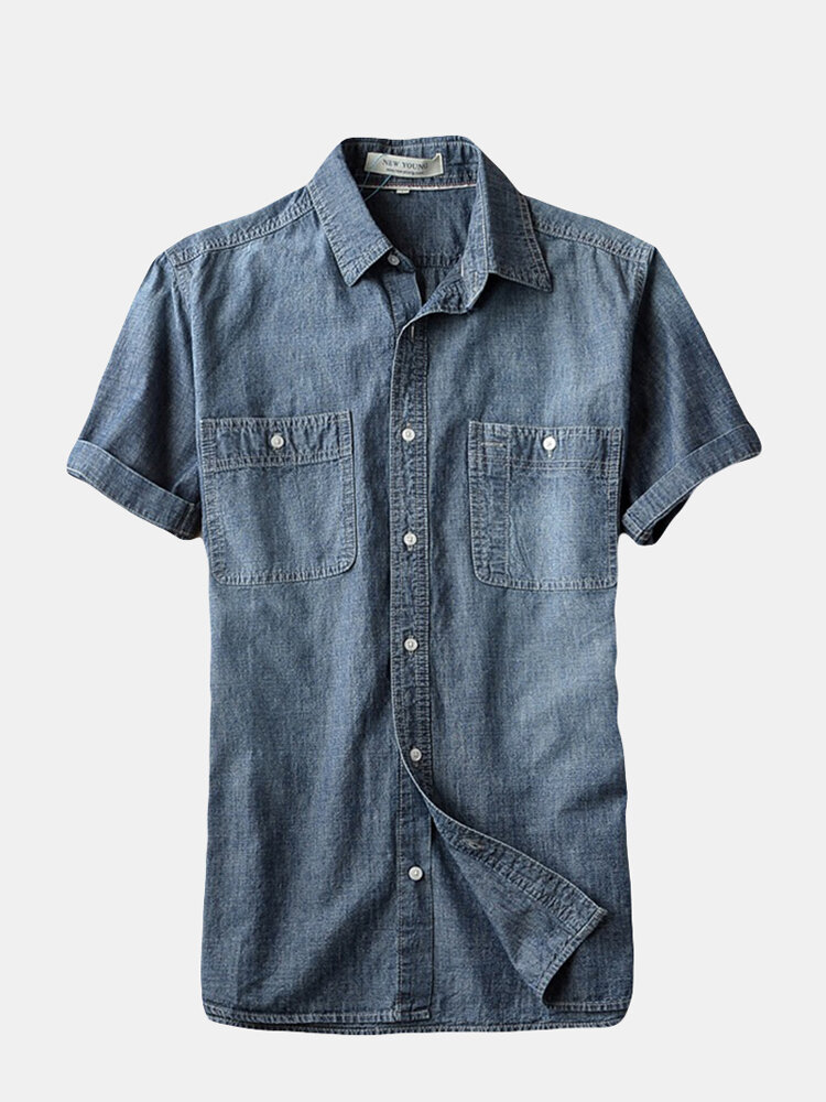 Casual Multi Pockets Stitching 100% Cotton Denim Short Sleeve Shirts For Men