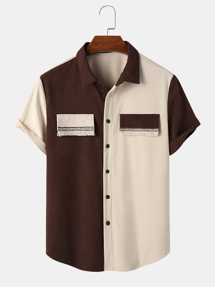 

Mens Two Tone Patchwork Tassel Detail Corduroy Short Sleeve Shirts, Brown