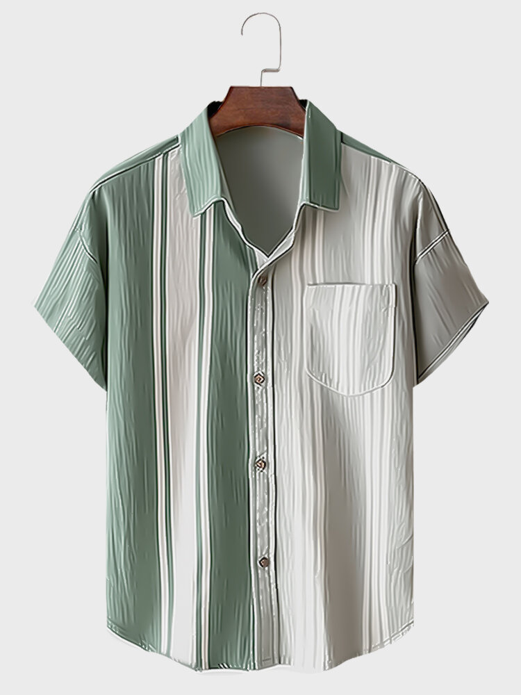 

Mens Striped Texture Chest Pocket Casual Short Sleeve Shirts, Green