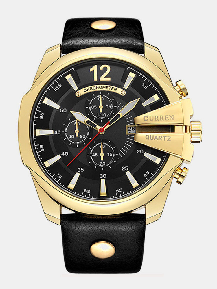 Big Dial Calendar Date Mens Relógios Negócios de luxo Couro Genuíno Relógios de ouro com pulseira para homens