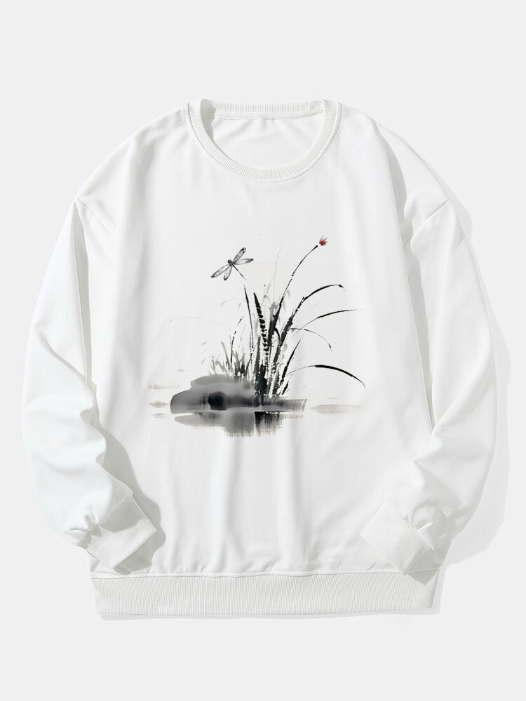 Mens Dragonfly Ink Painting Print Crew Neck Pullover Sweatshirts Winter
