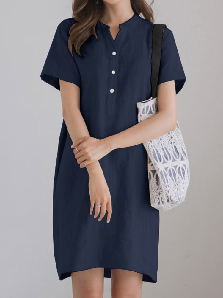 Solid Short Sleeve Button Front Half Placket Dress