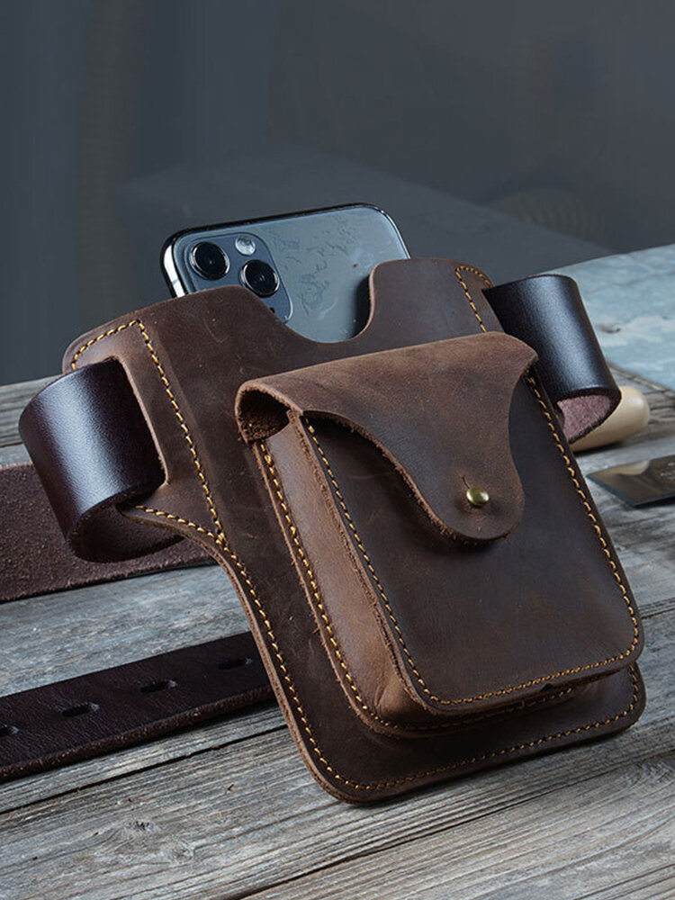 Men Genuine Leather EDC Multifunction Phone Bag Card Case Belt Sheath