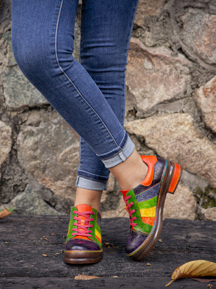 Socofiar Casual Lace Up Rainbow Print Stitching Mocasines Zapatos Mujer Cuero Cómodos Pisos