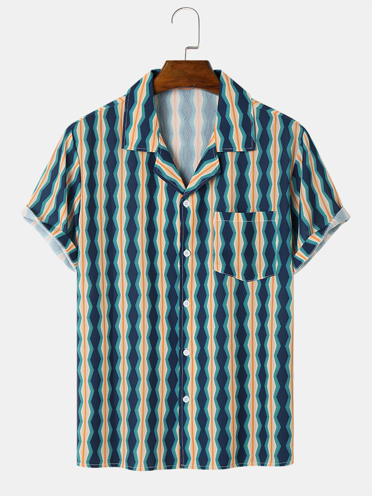Mens Vintage Striped Revere Collar Short Sleeve Shirts With Pocket