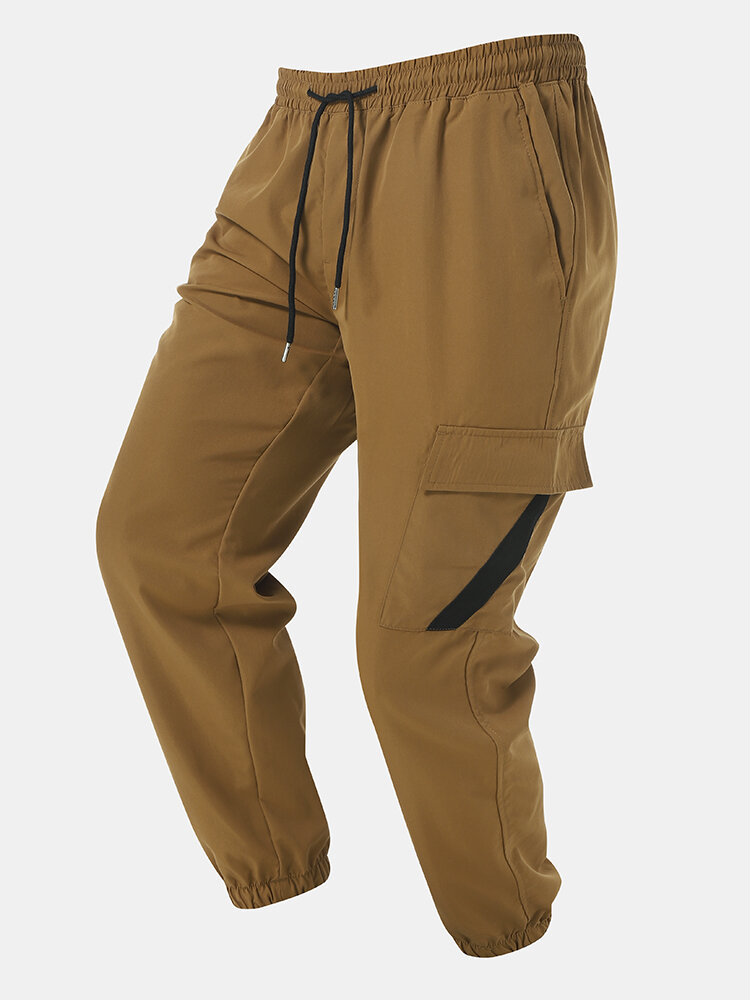 Men Contrast Flat Pocket Drawstring Elastic Cuff Ankle Length Cargo Pants