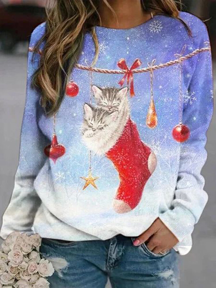 Christmas Cat Print Long Sleeve Casual O-neck Sweatshirt For Women
