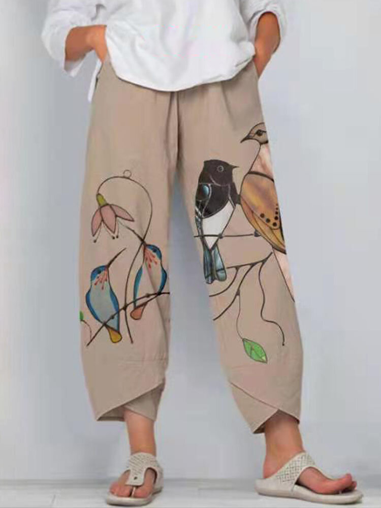 Birds Print Slit Hem Side Pocket Elastic Waist Casual Pants