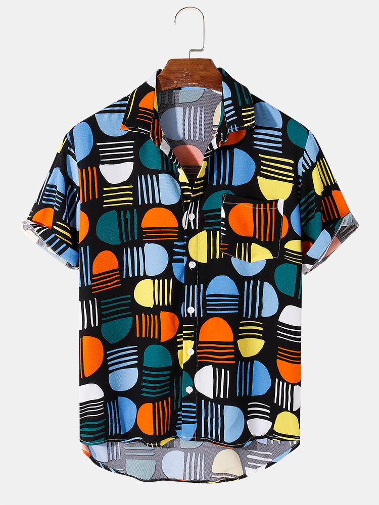Mens Colorful Semicircle Printed High Low Vintage Short Sleeve Shirts