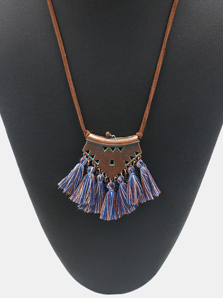 Vintage Pendant Necklace Wax Rope Colorful Fabric Tassels Fan Charm Necklace Ethnic Jewelry for Girl