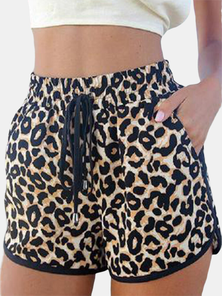 Brown Side Pockets Leopard Drawstring Waist Shorts