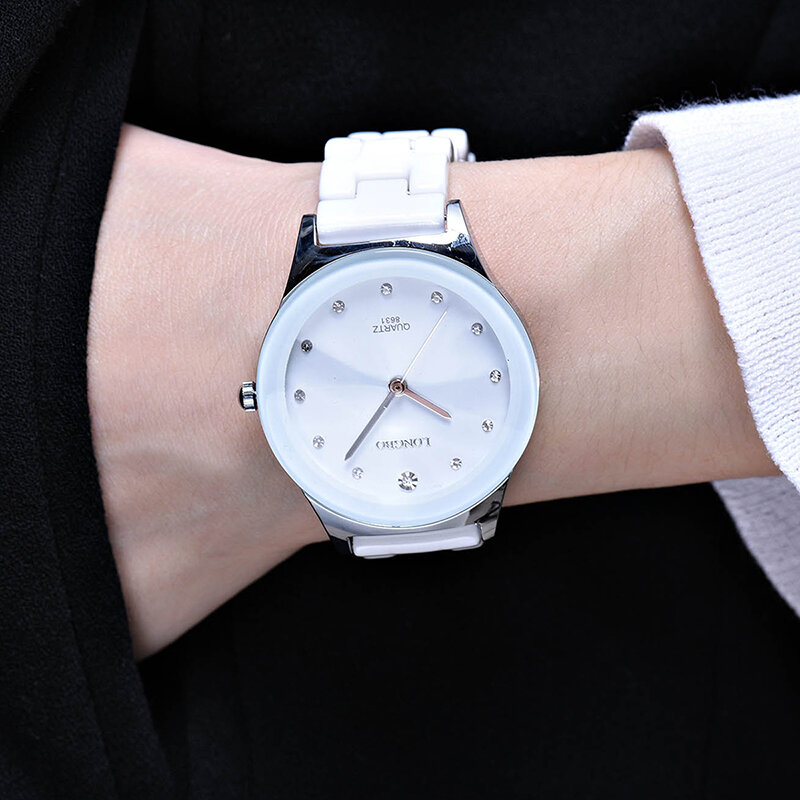 Casual Unisex Quartz Wrsit Watch White Ceramic Diamond Waterproof Couple Watch