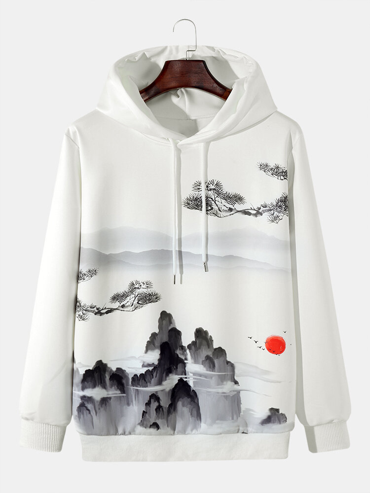 Mens Chinese Style Mountain Scenery Printed Overhead Drawstring Hoodies