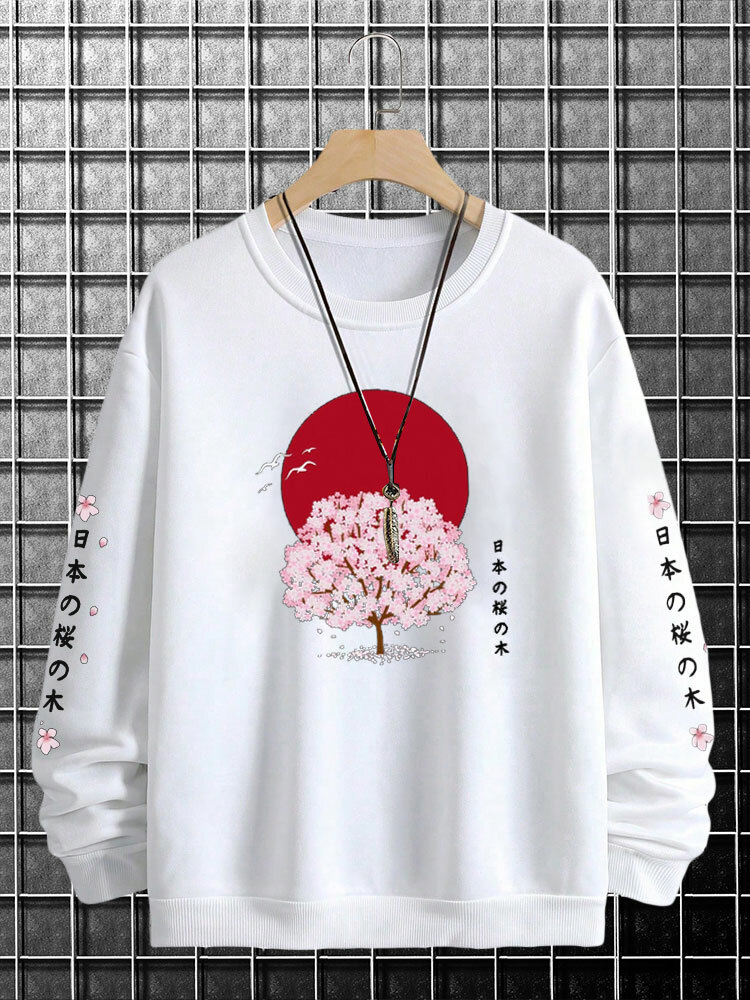 Mens Japanese Cherry Blossoms Print Crew Neck Pullover Sweatshirts