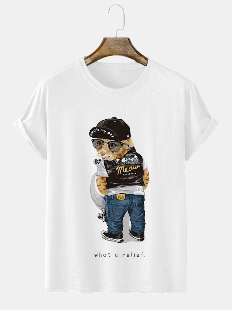 Camisetas de manga corta con estampado de letras y dibujos animados para hombre Gato invierno