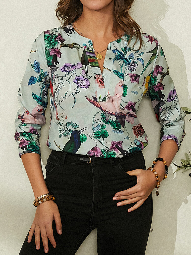 Calico Printed Long Sleeve Lapel Collar Blouse For Women