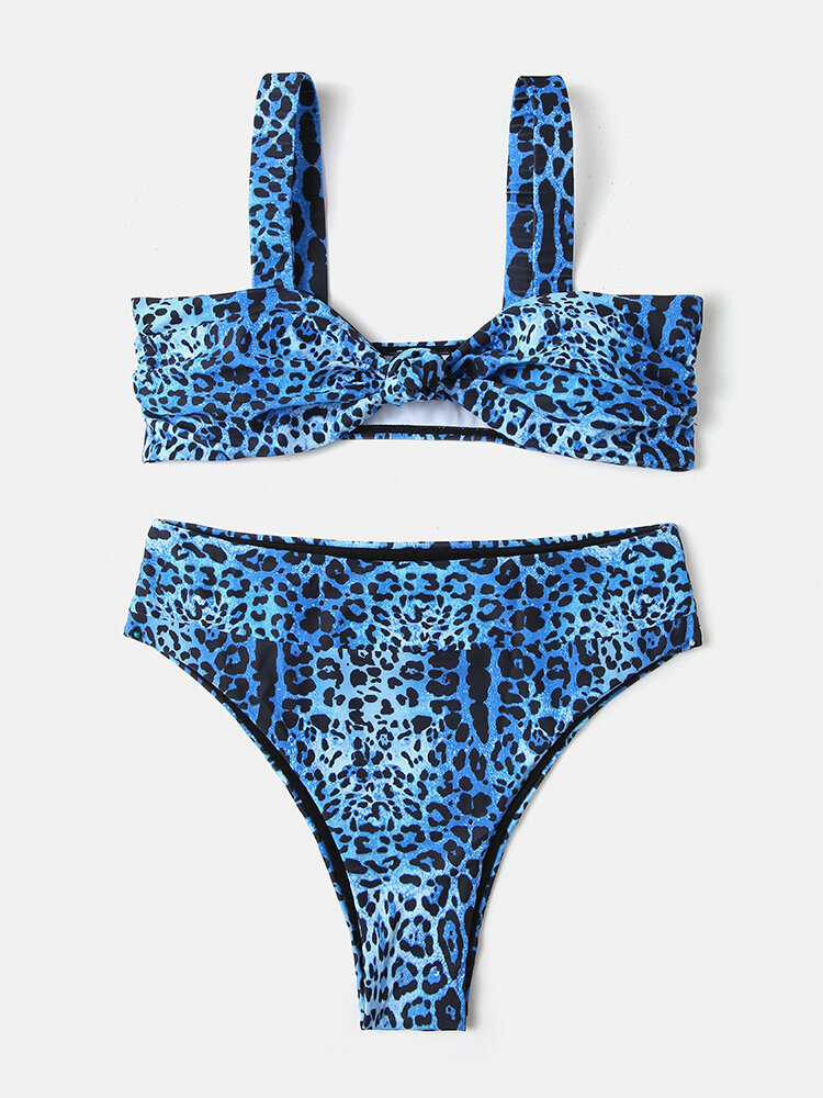 Women Leopard Print Tie Front Wide Shoulder Strap High Waist Bikinis Swimsuit