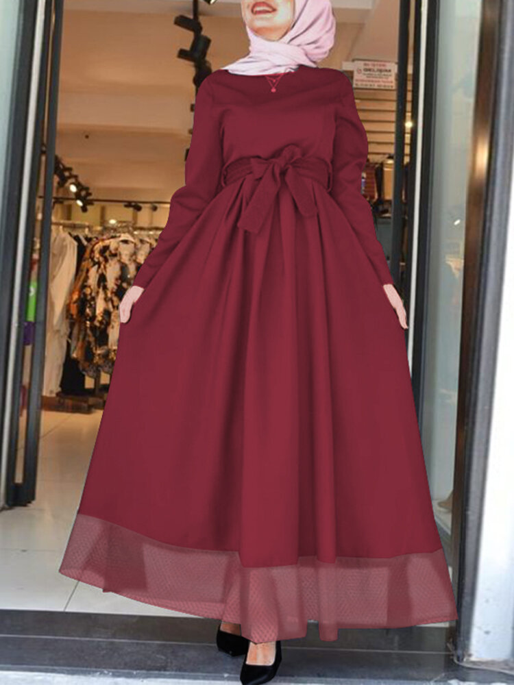 

Women Mesh Patchwork Hem Long Sleeve Muslim Maxi Dress With Belt, White;wine red;black
