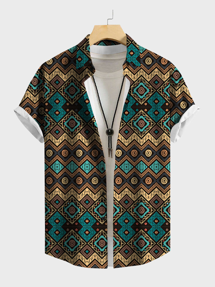 Camisas masculinas étnicas vintage com estampa geométrica lapela manga curta