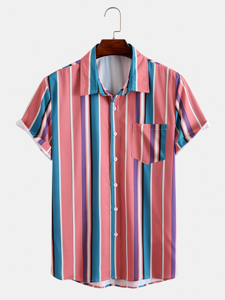 

Mens Multicolor Vertical Stripes Curved Hem Lapel Casual Short Sleeve Shirts, Rose red